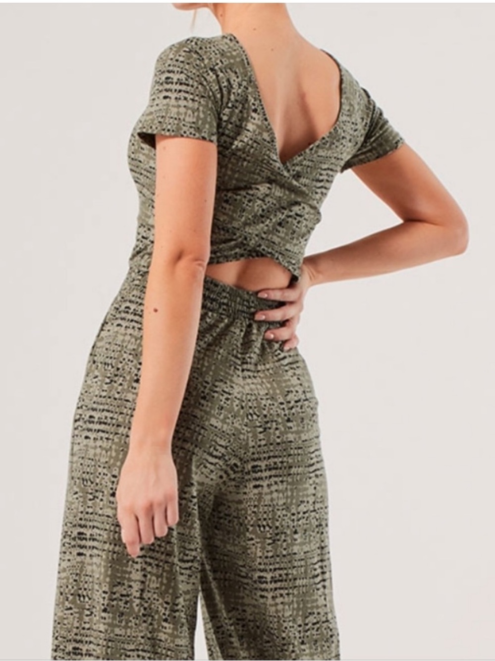 Pact green print revive criss cross wide leg jumpsuit cotton womens L